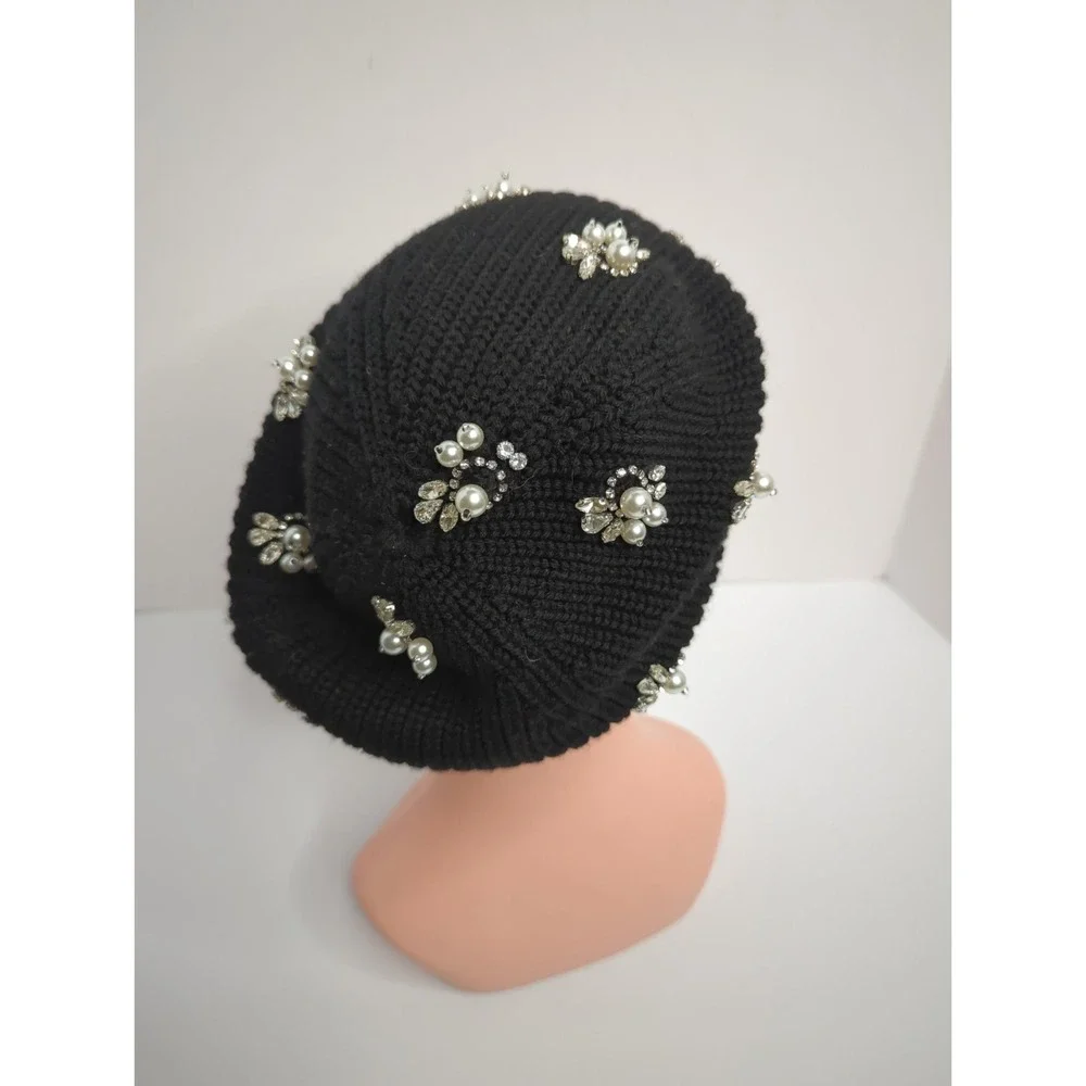 Alice + Olivia Black Wool Beret Knit Hat Rhinestone Slouchy Beanie Whimsigoth